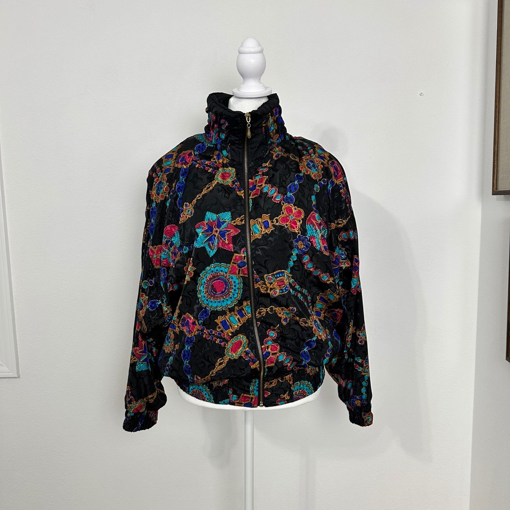 Lavon Bomber Jacket Womens Large Black Jewel Chain Print Vintage Good